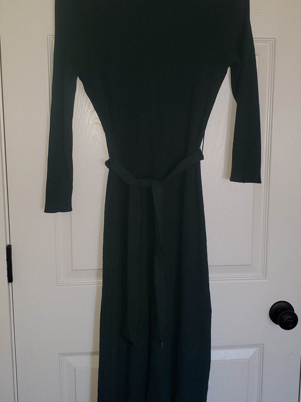 Calvin Klein Teal Long-Sleeve Ribbed Midi Sweater Dress with Self Tie